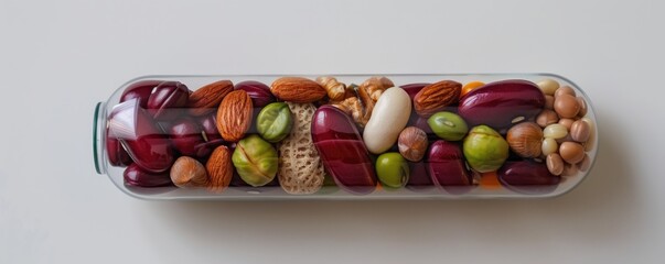 healthy food and fruits with vegetables concept in capsule