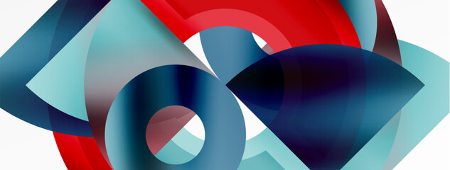 Wall Mural - A composition of red, blue, and black abstract shapes resembling a vibrant automotive wheel system, with tints and shades playing on the symmetry of triangles and circles on a white background