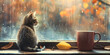 Cozy rainy day bliss cat new morning with favorite cup of coffee chill with the cat beside window relax and sleep 