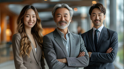 Wall Mural - Asian Business executives - office workers - smiling and confident - lawyers - accountants - smiling and confident - lobby - natural light - well-dressed - business trip - meeting - group photo 