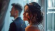 © Vagner Castro - Close-up of a beautiful attractive brunette woman dressed elegantly in side view with happy and proud countenance. Sensual woman at a party with elegant man in a spacious hall.