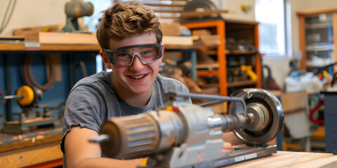 Wall Mural - Young male carpenter working in a carpenter shop