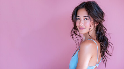 Wall Mural - Asian woman wearing blue tank top smiling isolated on pastel background