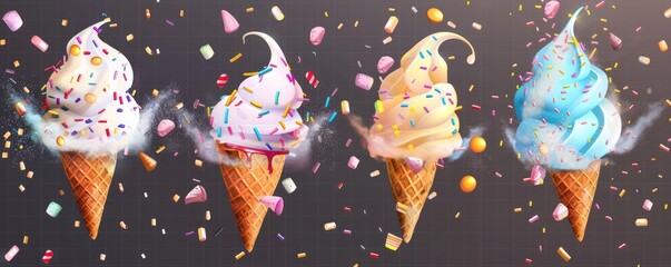 Set of colorful ice cream explosions' transparent background