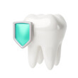 White tooth with a green shield as a symbol of protection. 3d render. isolated on white