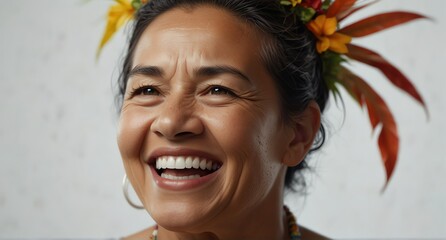 Wall Mural - young native hawaiian elderly woman on plain bright white background laughing hysterically looking at camera background banner template ad marketing concept from Generative AI