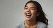 young filipino teenage girl on plain bright white background laughing hysterically looking at camera background banner template ad marketing concept from Generative AI