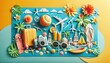 Summer getaway scene crafted in colorful paper art with travel essentials and tropical vibes