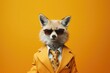 Stylish portrait of dressed up imposing anthropomorphic handsome fox wearing glasses and suit on vibrant orange background with copy space. Funny pop art illustration.