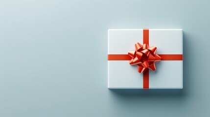 Wall Mural -   A white gift box, adorned with a red ribbon, against a light blue background