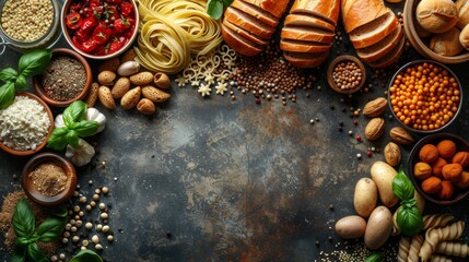 Poster -   A wooden table, laden with various dishes of food, holds a solitary plate atop it