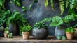   A collection of potted plants sits atop a wooden table, facing a lush, verdant wall adorned with greenery