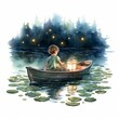 A captivating vintage watercolor illustration of a kid in a rowboat, guided by a lantern and surrounded by fireflies, on a tranquil lagoon, isolated on white background