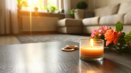 Wall Mural -   A candle atop a wooden table, nearby, a vase holding flowers Both objects reside on separate wooden tables