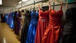   A row of dresses hangs against a backdrop of a few racks, each adorned with more dresses