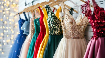 Wall Mural -   A line of dresses suspended on a rack before a wall, backdrop of twinkling string lights