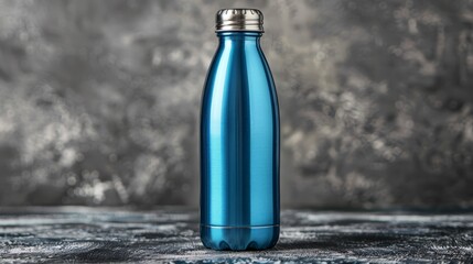 Sticker -   A blue water bottle sits atop a weathered wooden table In the backdrop, a gray and white wall stands still