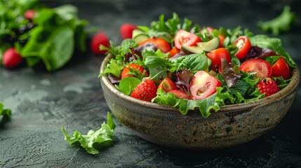 Poster -   A tight shot of a bowl filled with strawberries and lettuce salad, placed on a table alongside other salad bowls