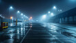 An empty car park in an industrial area at night, with wet asphalt and shot from a low angle.