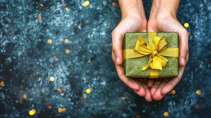 Wall Mural -   Person's hands holding a green box with yellow bow against blue backdrop and golden lights