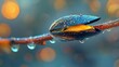   A tight shot of a water droplet clinging to a tree branch against a softly blurred backdrop of twinkling lights