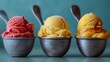   Three scoots of ice cream aligned, spoons protruding from their tops