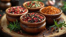   A Tight Shot Of Three Wooden Bowls, Each Brimming With Distinct Spice Varieties, Atop A Weathered Tray On A Table
