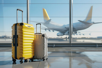 Travel concept: Suitcases in airport with airplane at background