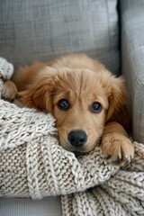 Wall Mural - A golden retriever dog is laying on a couch with a blanket over it. Generative AI.