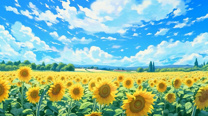 Wall Mural - nature background panorama view of nature sunflower field and blue sky in cartoon illustration style