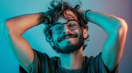 Canvas Print - A man with glasses and a beard is smiling and holding his hair. Generative AI.