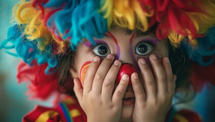 Canvas Print - A child with a clown costume covering their face. Generative AI.