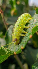 Canvas Print - A caterpillar on a leaf with green leaves in the background. Generative AI.