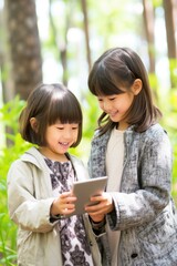 Poster - Two little girls standing in the woods looking at a tablet. Generative AI.