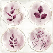 Four Different Images Of Purple Leaves And Berries In A Glass Plate