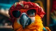 Imagine a stylish parrot in a leather bomber jacket, accessorized with aviator sunglasses and a silk scarf. Amidst a backdrop of tropical foliage, it exudes adventurous style and tropical flair. The v