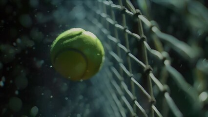 Racking focus to a tennis ball floating in frozen slow motion after bouncing off of a net