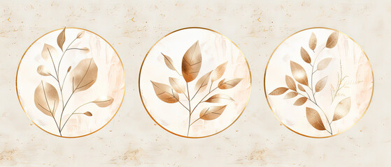 three oval paintings with gold leaves on them on a white wall