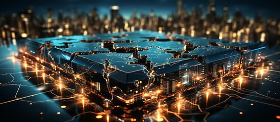 Poster - 3D rendering of a circuit board with a city in the background