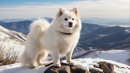 Wall Mural - A majestic American Eskimo dog with a fluffy white coat, standing proudly on a snowy mountaintop, gazing out at the vast landscape below.