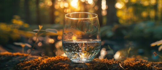 Wall Mural - A glass of water placed against a backdrop of nature.