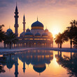 Ethereal glow surrounding a picturesque mosque at dawn with generative ai