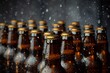 Beer bottles with drops of water on a dark background, selective focus