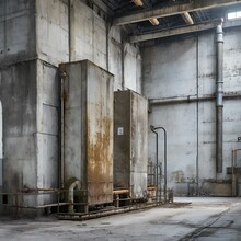 An Industrial Scene With Gritty Concrete Walls And Industrial Equipment Covered In Grime, Depicting The Rough Beauty Of Manufacturing Environments.
