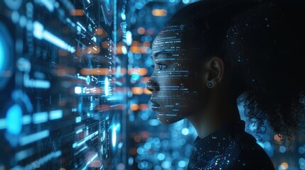 A woman is looking at a computer screen with a lot of blue and orange lines