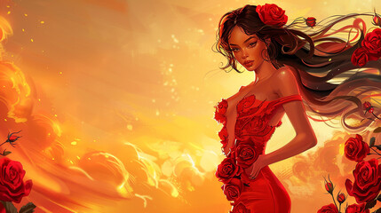 Red flamenco dress and roses against a sunset backdrop exude grace and confidence.