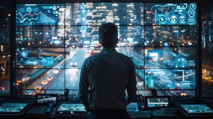Canvas Print - A man is looking at a computer monitor that shows a city with many cars