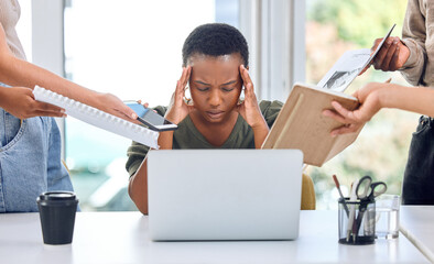 Canvas Print - Business, stress or black woman with headache in multitasking, deadline or office team demand. Corporate, chaos or manager with vertigo, anxiety or project management burnout, tax or audit compliance