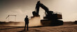 A silhouette of a person standing in front of a giant digital screen with Excavator Loading Sand In Industrial Truck