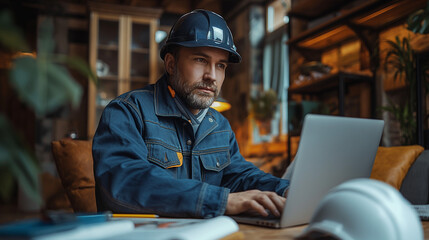 A man in blue work clothes is typing on a laptop at a desk